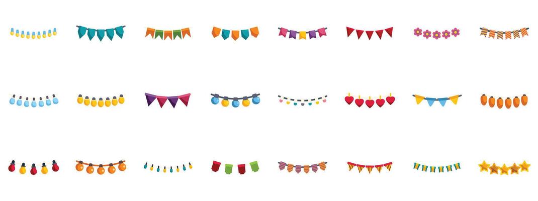 Colorful party garland and string lights icons for festive occasions