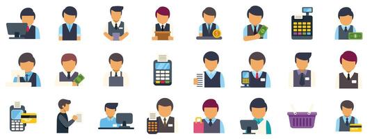 Cashiers operating cash register, managing sales, and handling customer transactions vector