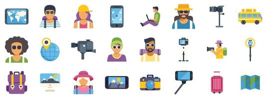 Bloggers and travelers sharing content using mobile devices and professional cameras vector
