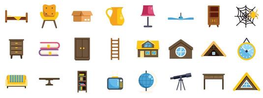 Attic furniture and objects icon set with various items related to home furnishings, storage, and attic spaces, perfect for interior design or home organization projects vector