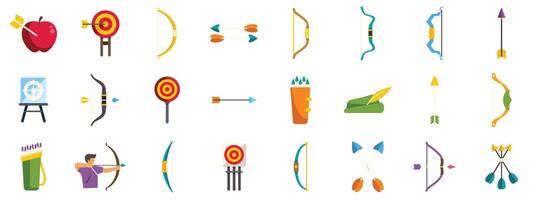 Archer aiming apple and target with bow and arrows icons set vector