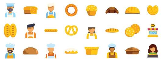 Bakers showing bakery products and bread icons set vector