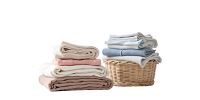 Neatly Stacked Fabrics with Wicker Basket for a Cozy Touch png