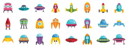 Spaceships and rockets exploring the galaxy, futuristic spacecraft icons vector