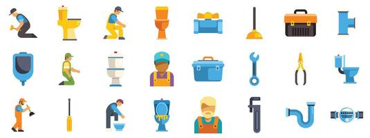 Plumbers repairing toilets, pipes, and using tools, a comprehensive set of plumbing icons vector