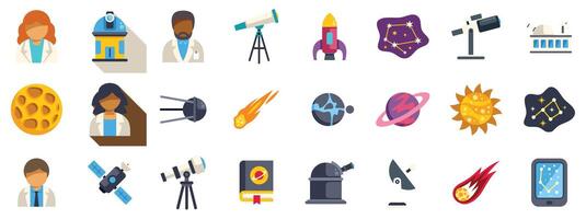 Scientists exploring space with telescopes and rockets vector