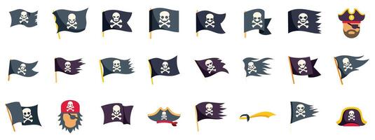 Pirate flags waving with skull and crossbones, along with pirate hat and saber icons vector