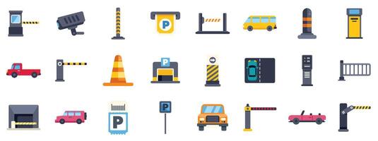 Paid parking lot area zone access icons showing security, gates, barriers, tickets, and vehicles entering and exiting vector