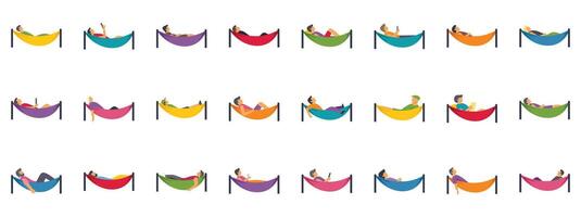 People relaxing in colorful hammocks, enjoying leisure time vector