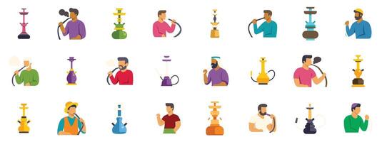 Men smoking hookah and different types of hookahs, relaxing with traditional water pipes vector