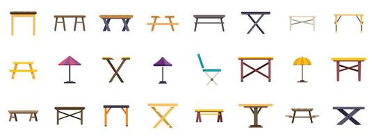 Camping tables and picnic benches showing different styles and materials vector