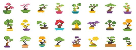 Collection of various bonsai tree growing in colorful pots vector