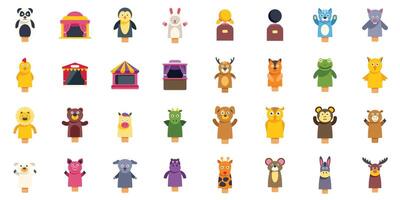 Puppet show icons representing various animal characters and stages vector
