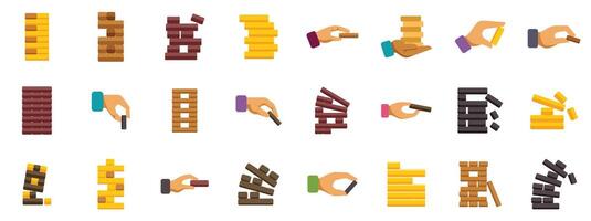 Hands playing wooden block tower game icons set flat style vector