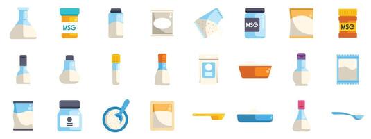 Monosodium glutamate icons showing different packaging and utensils for food preparation vector