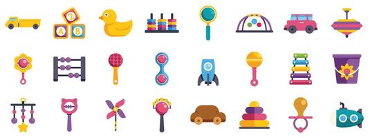 Colorful baby toys icons set featuring rattle, rubber duck, and building blocks vector