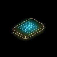 Neon tablet showing electronic document on dark background vector