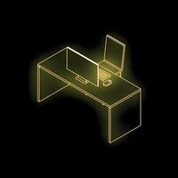Gold neon office desk with computer, keyboard, mouse and chair on black background vector