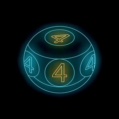 Neon dice showing number four on black background