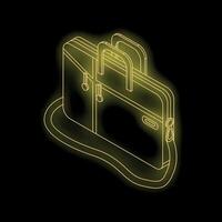 Yellow glowing neon briefcase on black background isometric view vector