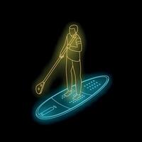 Man paddle boarding on neon stand up paddle board at night vector