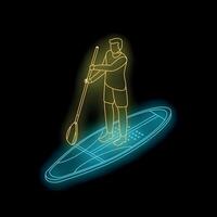 Man stand up paddling on neon paddleboard isometric illustration vector
