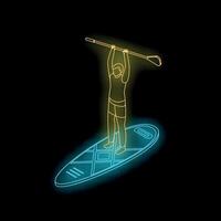 Man holding paddle over head while standing on paddle board neon sign vector
