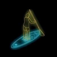 Man paddle boarding neon sign recreation activity on black background vector