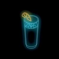 Neon sign of fresh cocktail with ice cubes and lemon slice glowing on black background vector