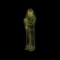 Man wearing augmented reality headset using smartphone, neon isometric view vector
