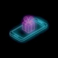 Neon isometric smartphone displaying gift box with bow on black background vector