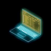 Neon laptop showing spreadsheet data on black background vector