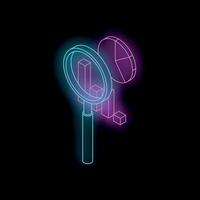 Magnifying glass exploring glowing neon chart and pie graph in dark background vector