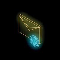 Neon email envelope and at symbol shining on black background vector