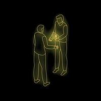 Two businessmen exchanging digital tablet with glowing neon effect on black background vector