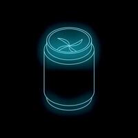 Glowing neon soda can on dark background, refreshing beverage concept vector