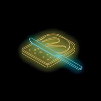 Neon sign of knife spreading butter on toast in isometric view vector