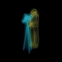Cameraman operating professional camera on tripod in neon style vector