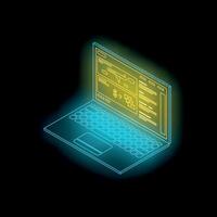 Neon laptop showing flight booking website interface on black background vector
