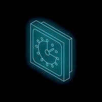 Glowing neon wall clock showing nine o'clock on black background vector