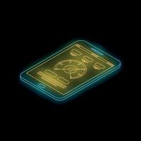 Neon glowing smartphone displaying performance and analytics data on dark background vector