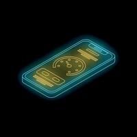 Neon smartphone showing clock app in dark background vector