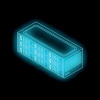 Glowing server rack symbolizing cloud computing and data storage in isometric view vector