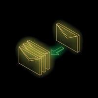 Neon mail merging into single email envelope on black background vector