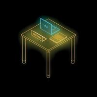 Neon meeting room setup with laptop and documents on desk vector