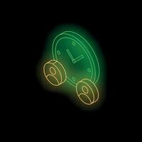 Neon green clock with two orange people icons representing teamwork and time management vector