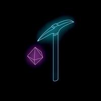Neon mining pickaxe extracting purple crystal on black background vector