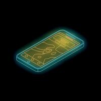 Smartphone showing navigation app with glowing neon lines on black background vector