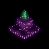 Neon isometric puzzle pieces merging, symbolizing the final stage of project completion vector