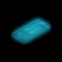 Neon blue smartphone showing user interface with charts and data on dark background vector